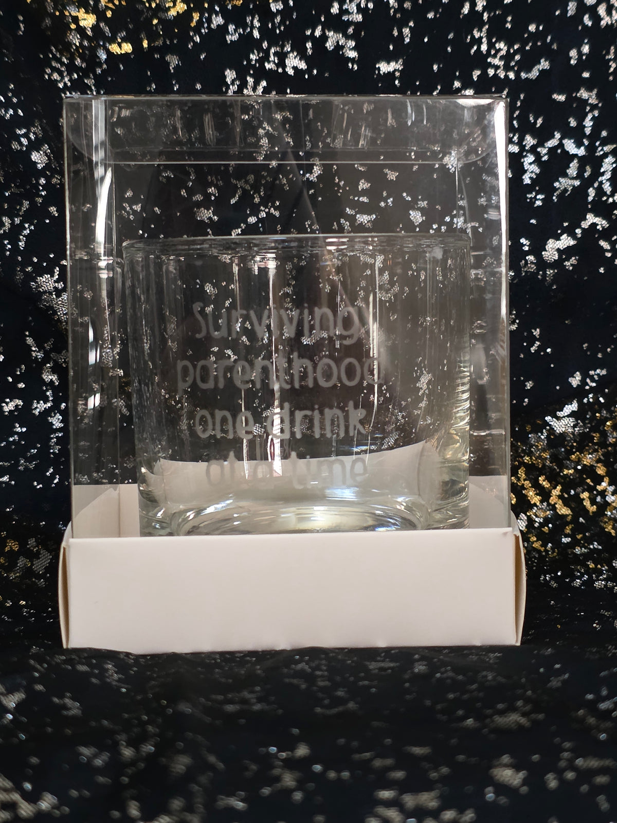Surviving Parenthood Etched Rocks Glass