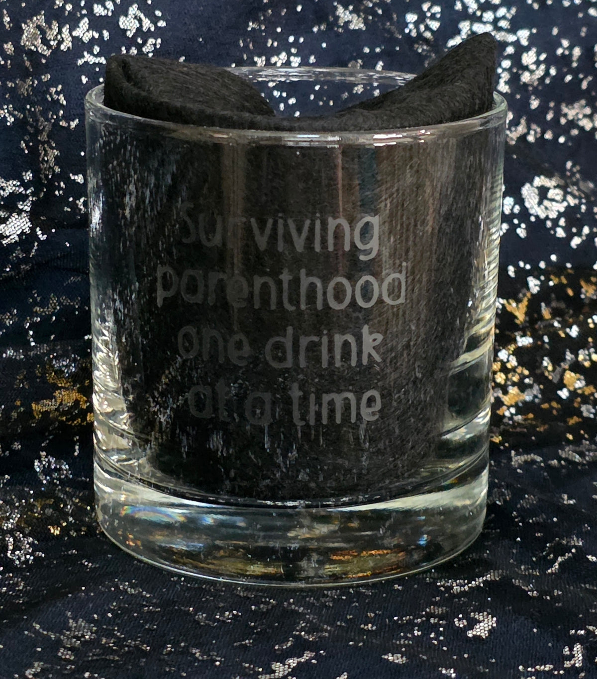 Surviving Parenthood Etched Rocks Glass